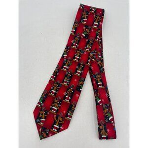 Vintage Hallmark Christmas Tie Reindeer & Snowflakes Design Bright Red Holiday